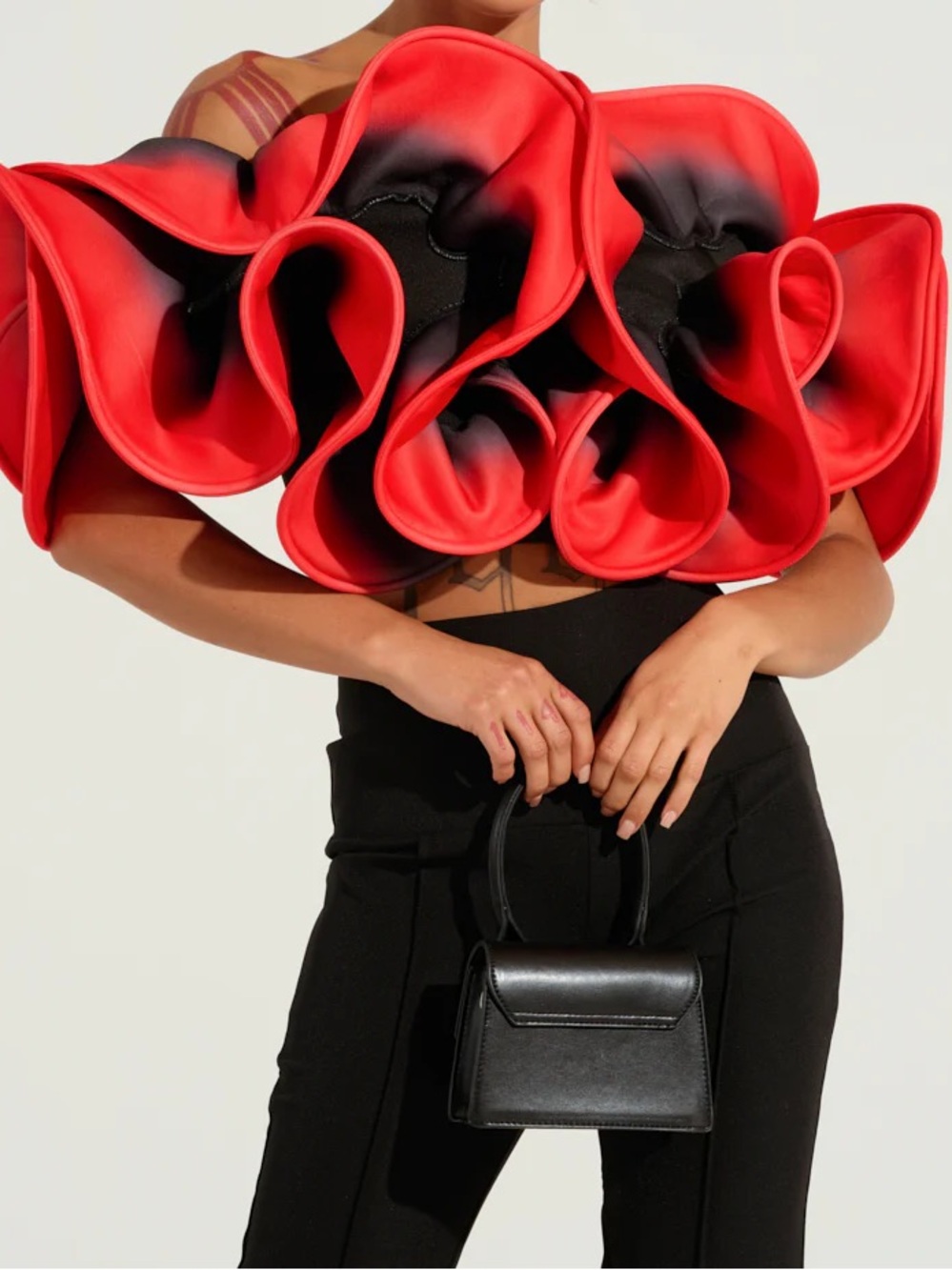 Statement Red Ruffle One-Shoulder Crop Top - Picture 2 of 8